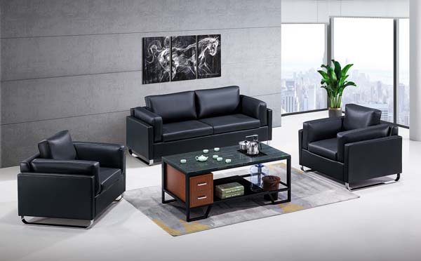 Black Faux Leather Office Reception Seating Set with Multifunctional Tea Table