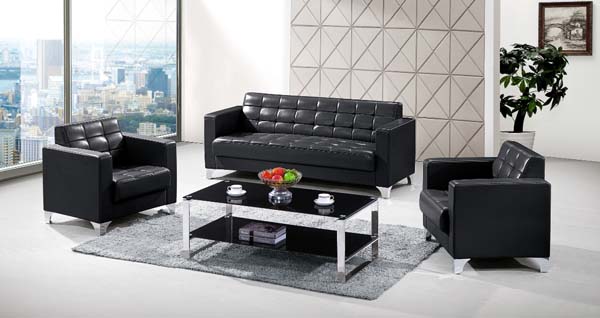 3-Piece Black Faux Leather Tufted Office Reception Sofa Set