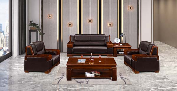 Traditional Dark Brown Genuine Leather Executive Office Sofa Set 3+1+1 with Coffee Table and Side Table