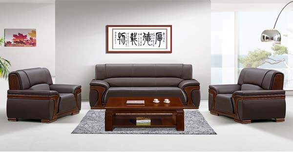 3-Piece Dark Brown Faux Leather Executive Office Reception Sofa Set with Matching Solid Wood Framed Coffee Table