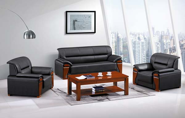 3+1+1 Black Faux Leather Executive Office Sofa Set with Cherry Wood Veneer Trim