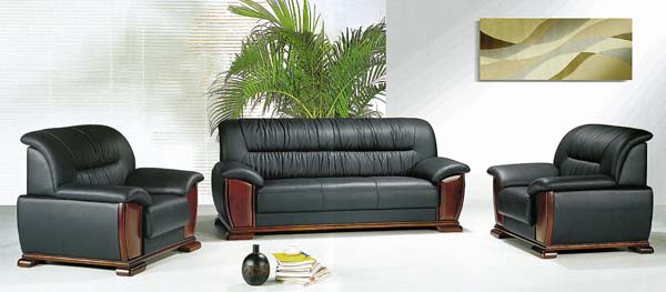 3-Piece Black Faux Leather Executive Office Sofa Set with Wood Trim