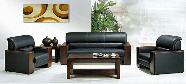 3-Piece Black Faux Leather Executive Office Sofa Set with Wooden Armrests