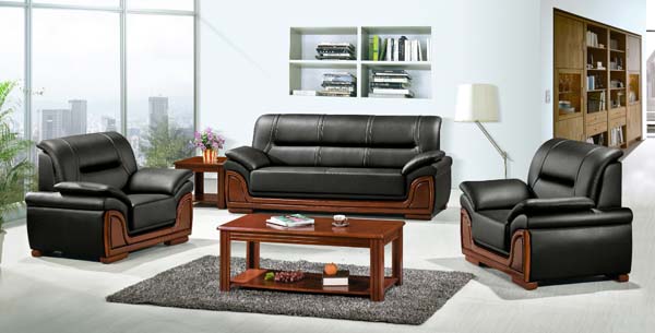 Traditional Office Leather Sofa Set with Wood Trim (3-Seater + 2 Armchairs + Coffee Table + Side Table)