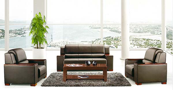 3+1+1 Brown Leather Office Reception Sofa Set with Matching Coffee Table