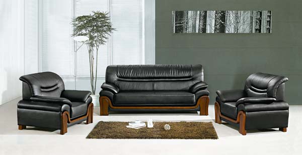 1+1+3 Seating Group Black Faux Leather Office Reception Sofa Set with Wood Trim