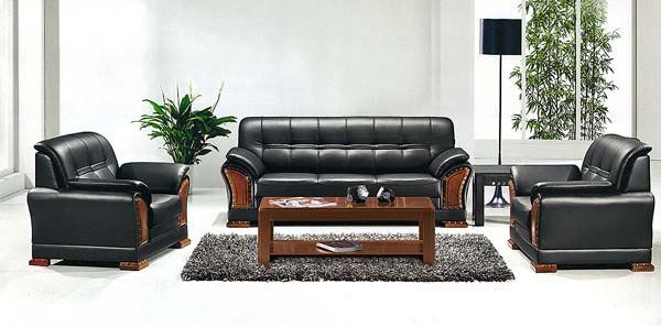 3-Seater Office Reception Leather Sofa Set with Wood Accents
