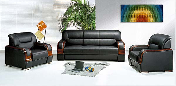 3-Piece Black Faux Leather Executive Office Sofa Set with Solid Wood Arm Accents