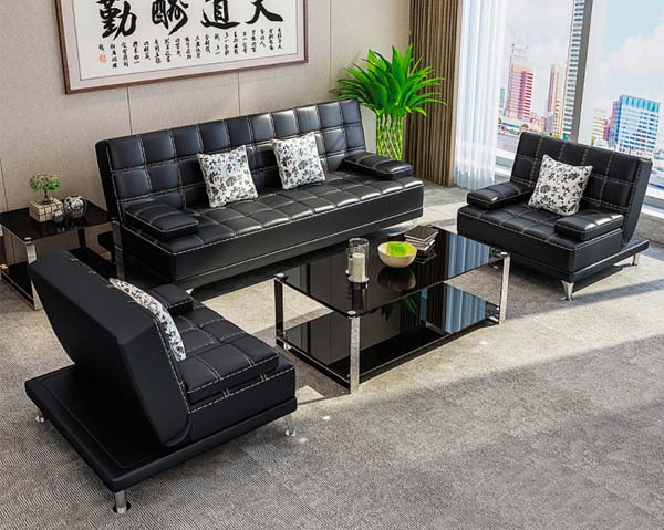 Modern Black Faux Leather Office Reception Sofa Set (3+2+1 Seater)
