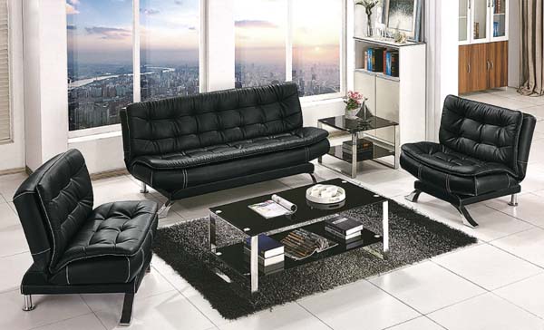 3-Piece Black Tufted Faux Leather Reception Sofa Set with Glass Coffee & Side Table