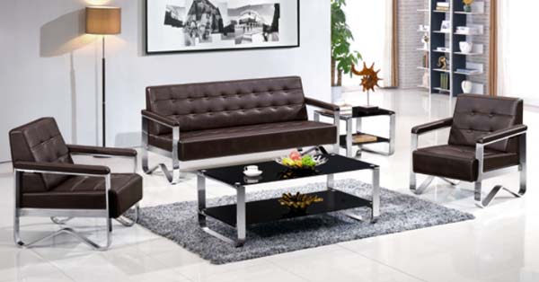 Dark Brown Faux Leather Chrome Frame Office Reception Sofa Set with Coffee Table