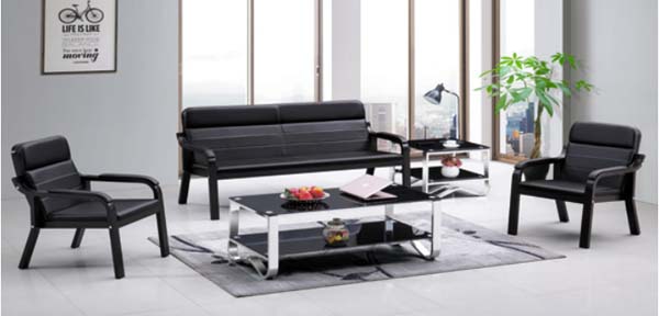 5-Piece Black Faux Leather Office Reception Seating Set with Glass Coffee Tables