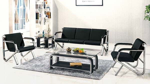 5-Piece Chrome Frame Black Faux Leather Office Reception Set with Glass Coffee Tables