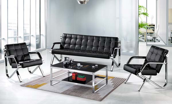 4-Piece Office Reception Seating Set with Coffee Table, Black Quilted Faux Leather Chrome Frame