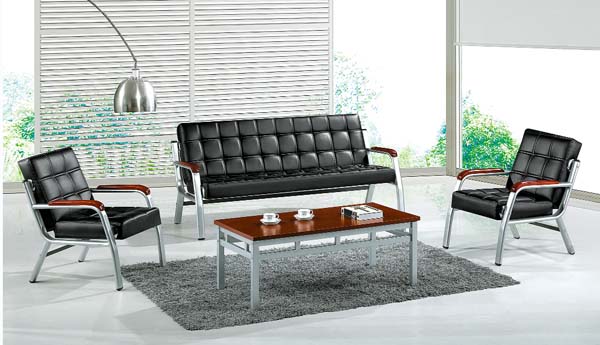 4-Piece Office Reception Lounge Set with Metal Frame Black Grid-Tufted Seating and Coffee Table