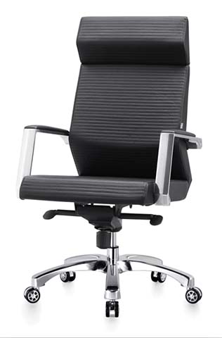 High-Back Ribbed Black Leather Executive Office Chair With Polished Aluminum Armrests and 5-Star Base