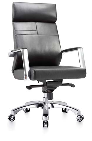 High-Back Black Leather Executive Office Chair with Polished Aluminum Base
