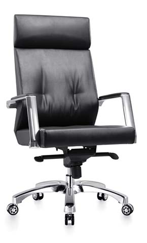 High-Back Leather Executive Office Chair with Polished Aluminum Arms