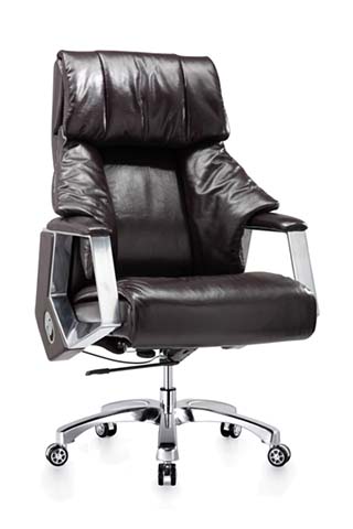 High-Back Brown Leather Executive Office Chair with Chrome Armrests and Base