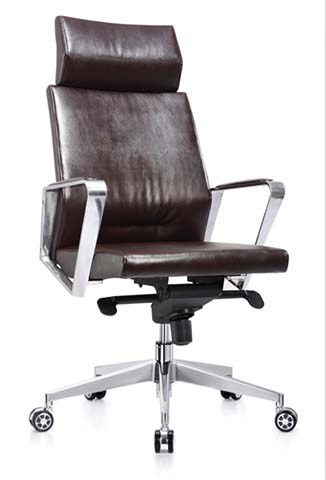 High-Back Brown Leather Executive Office Chair with Polished Aluminum Armrests and Base