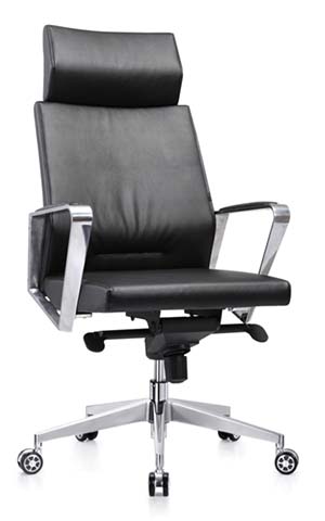 High-Back Black Leather Executive Office Chair with Polished Aluminum Arms and Base