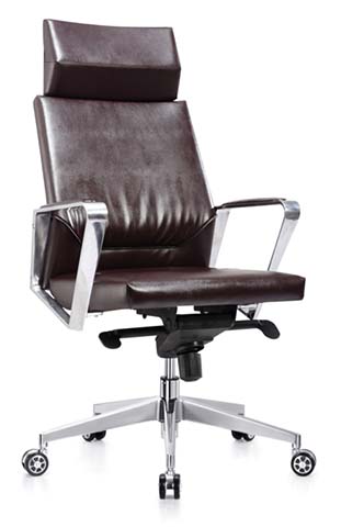 High-Back Brown Leather Executive Office Chair with Polished Aluminum Arms and Base