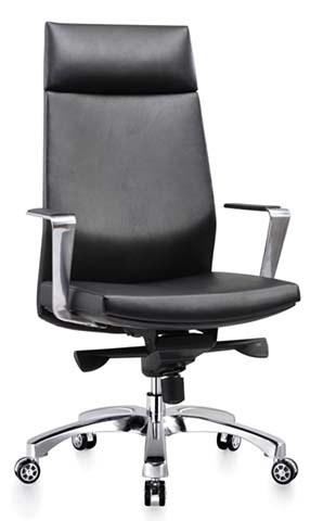 High-Back Black Faux Leather Executive Office Chair with Polished Aluminum Armrests and 5-Star Base