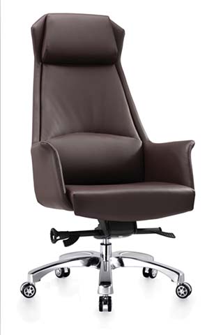 High-Back Brown Leather Executive Office Chair with Aluminum Base