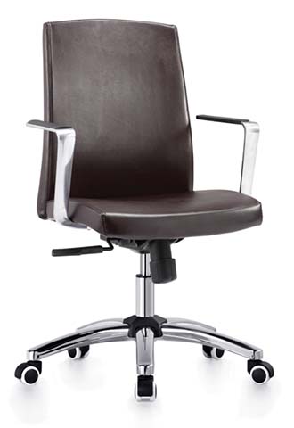 Mid-Back Brown Upholstered Executive Office Chair with Polished Aluminum Arms
