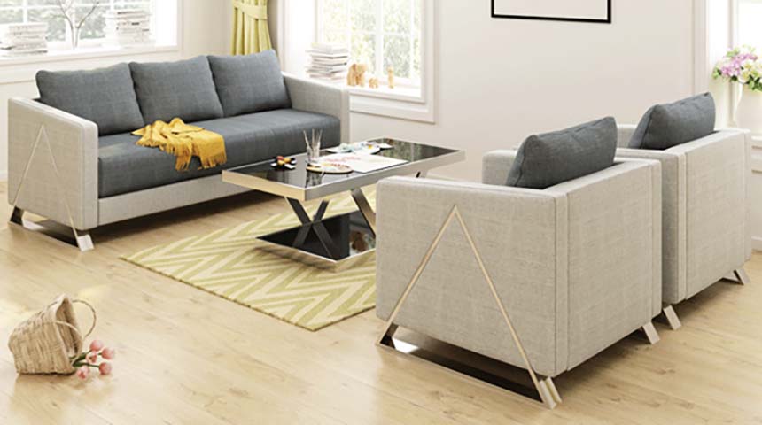 Modern Fabric 3-Seater Sofa with Matching Accent Armchairs and Glass-Top Coffee Table Set