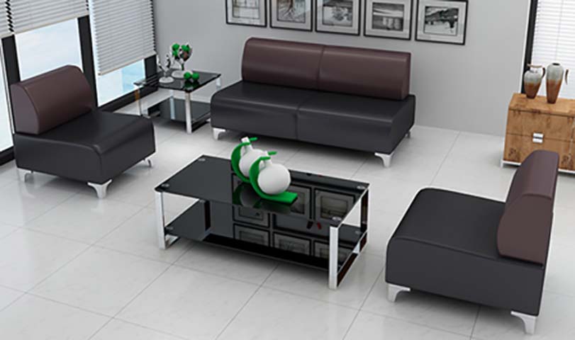 Modern Leather Office Sofa Set with Glass Coffee Table and Side Table