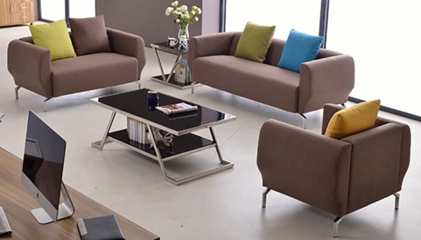 Brown Fabric Office Reception Sofa Set with Metal Legs & Coffee Table