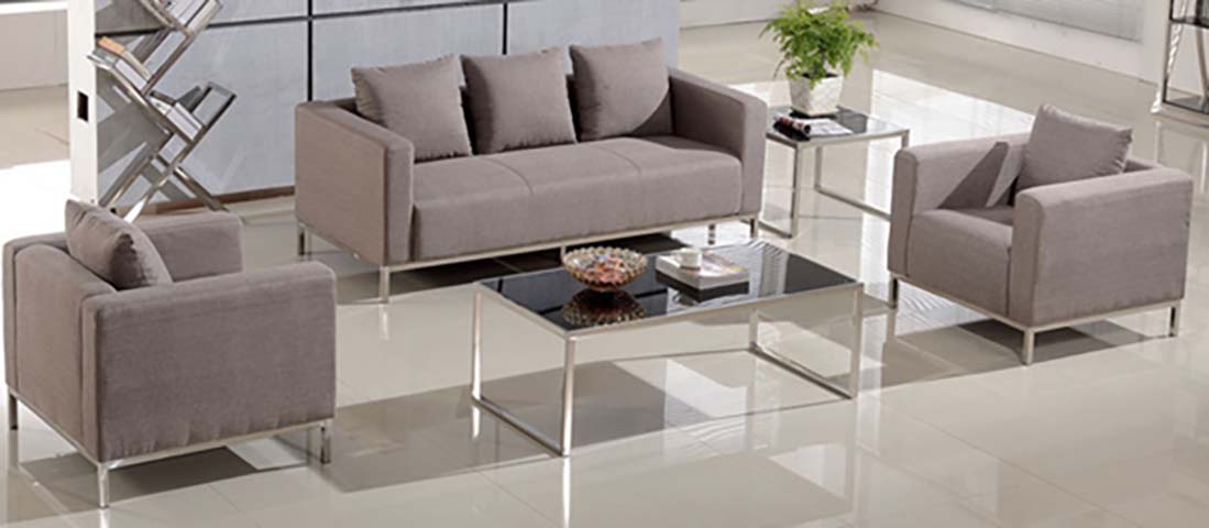 Modern Fabric Office Sofa Set with Metal Frame (3-Seater + 2 Single Chairs + Glass Coffee Table + Glass Side Table)