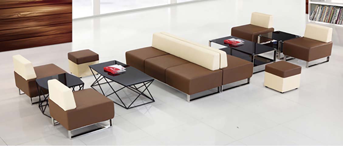 Modular Office Reception Lounge Sofa Set with Coffee Tables and Ottomans