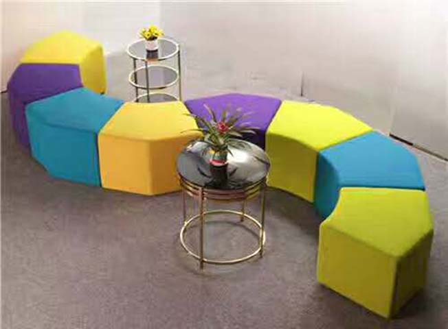 Modular Hexagonal Upholstered Ottoman Seating Set with Round Side Tables