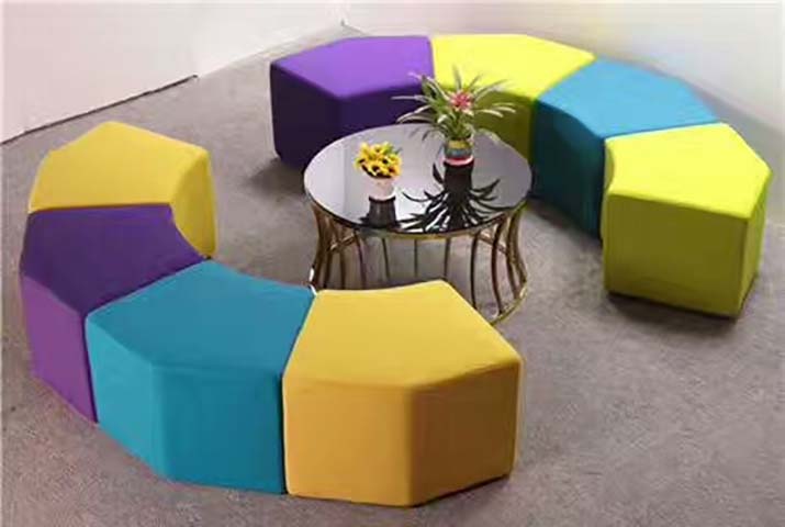Modular Hexagonal Ottoman Set with Round Metal Coffee Table