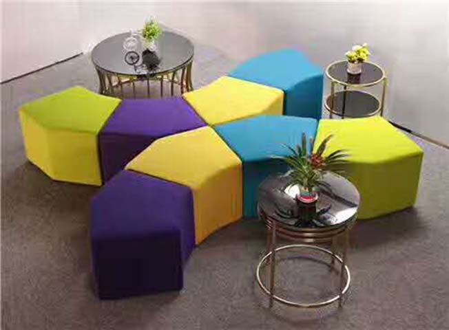 Modular Hexagonal Upholstered Pouf Set with Metal Side Tables