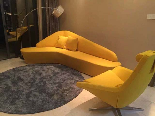 Yellow Fabric Curved Sectional Sofa with Matching Swivel Lounge Chair