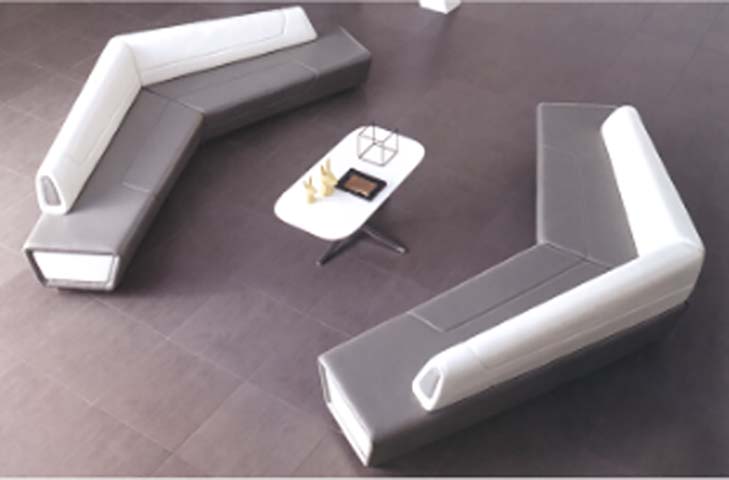 Modern L-shaped 2-piece modular public waiting bench with central side table