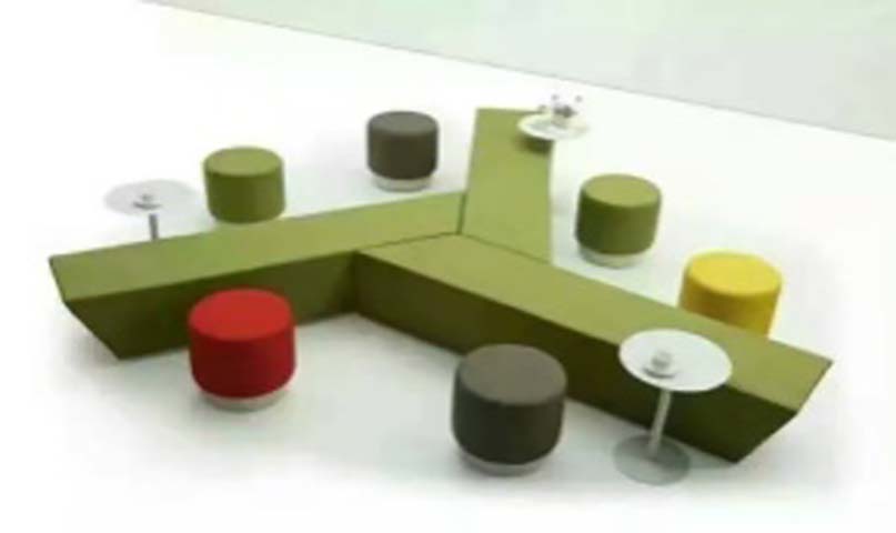 3-Way Y-Shaped Modular Upholstered Bench Set with Round Stools and Side Tables