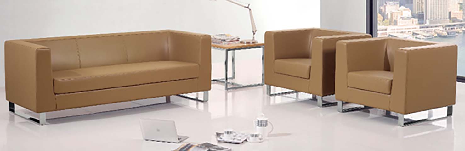 3-Piece Boxy Camel Faux Leather Office Reception Sofa Set