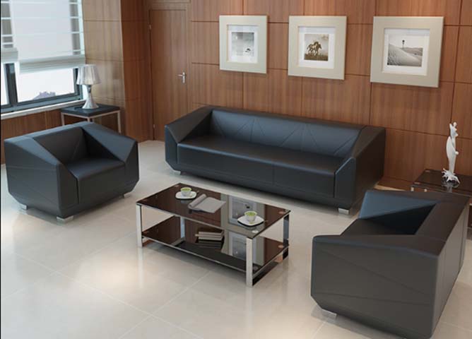 Modern Faux Leather Office Reception Sofa Set (3+1+1) with Glass Coffee Table