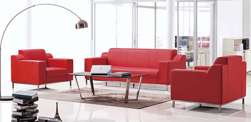 3-Piece Red Faux Leather Office Reception Sofa Set with Glass Coffee Table