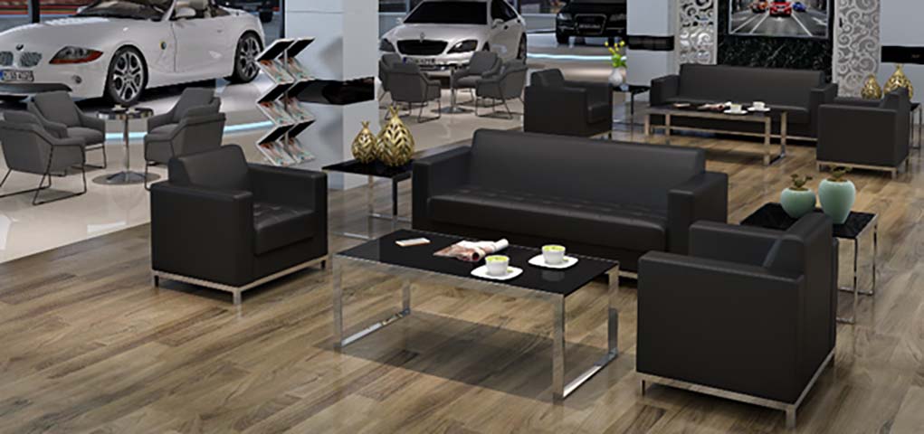 3-Piece Black Faux Leather Office Reception Seating Set with Glass Coffee Table