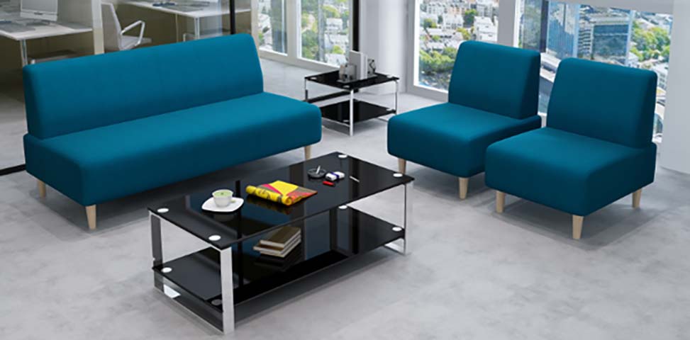 Teal Fabric Office Reception Seating Set with Black Glass Coffee Table and Side Table