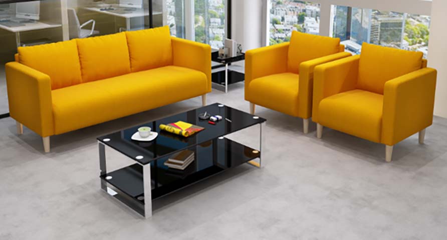 4-Piece Office Reception Sofa Set With Glass Coffee Table, Bright Yellow Upholstery