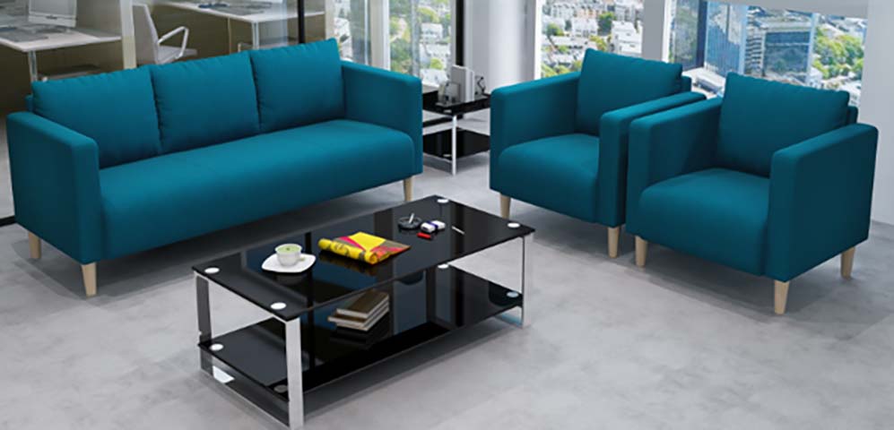 Teal Fabric 3+1+1 Office Reception Sofa Set with Black Glass Coffee Table