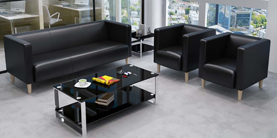 4-Piece Black Faux Leather Office Reception Set with Glass Coffee Table