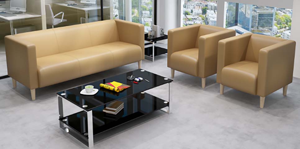 4-Piece Office Reception Seating Set: 3-Seat Sofa, 2 Armchairs, Glass Coffee Table