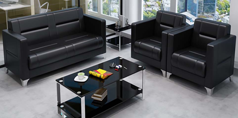 3-Piece Black Faux Leather Office Reception Sofa Set with Double-Tier Glass Coffee Table